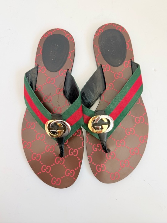 Gucci Shoes - Gucci Brown leather Kika Web thong sandals Interlocking GG EU
